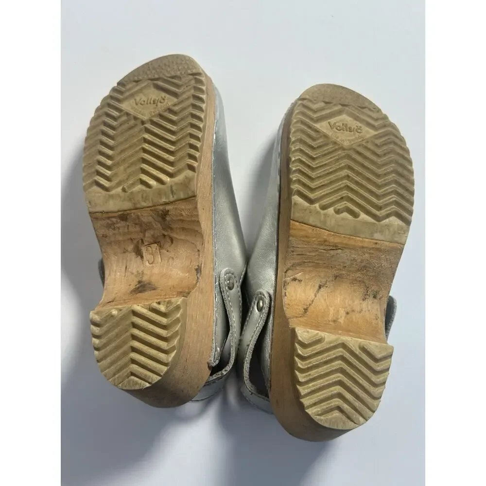 Vollsjo Sweden Silver Leather Wooden Slingback Clogs Girls EU 31 US 13